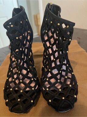 Gucci Black Suede Cage High Heel Sandals with Gold Studs